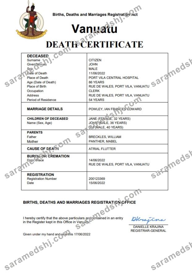 Vanuatu death certificate Word and PDF template